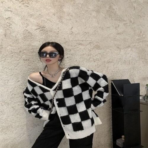 Lazy Sweater Coat Womens Cardigan Long-Sleeved Top Spring and Autumn Korean Style Loose V-neck Plaid Sweater Fashion