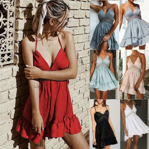 2019 New Women Sexy Casual V Neck Lace Backless Sleeveless Cocktail Party Short Beach Dress Sundress