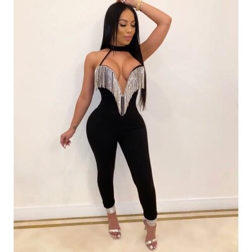 Moonccloset1 2019 New Diamonds Tassel Bandage Jumpsuit Women Sexy Strapless V Neck Bandage Vestios