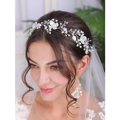 Elegant Wedding Headband Silver Flower Crystal Pearl Hair Ornaments Prom Party Headpieces Women Hair Accessories Bridal Headwear