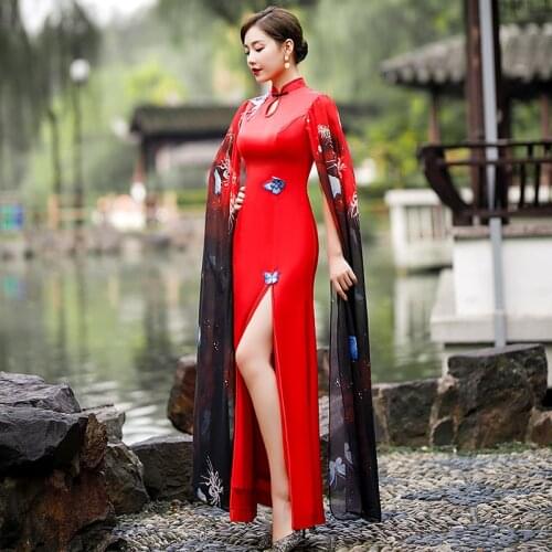 Sexy Split Cheongsam Dress Women Qipao Chinese Style Retro Show Cheongsam Dress High Split Long Evening Dresses Sexy Qi Pao