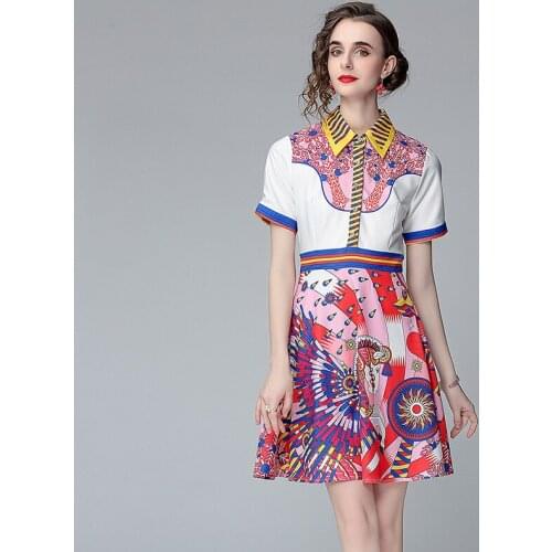 Summer Runway Shirt Dress Womens Turn Down Neck Short Sleeve Vintage Floral Print Slim Short Dress Female Vestidos k8257