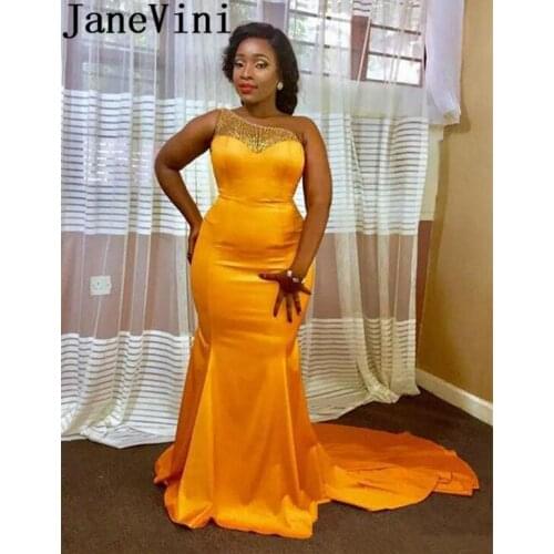 JaneVini Mermaid Black Girl Prom Dresses Long Robe Bal Beaded South African One Shoulder Women Evening Party Gown Plus Size 2019