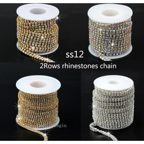1/10yd ss12 Crystal clear/AB Glass Rhinestones Golden/silver close claw cup Chain necklace Banding trims jewelry handcraft 2-Row