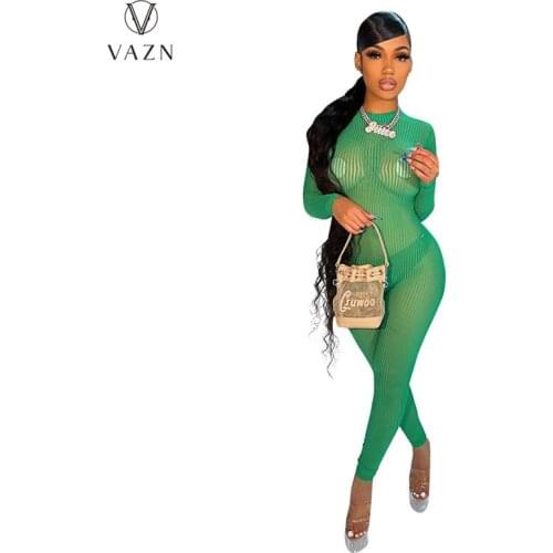 VAZN 2021 Top Quality See Through Lace Solid Young Sexy Club Full Sleeve Women Open Solid High Waist Skinny Pencil Jumpsuits