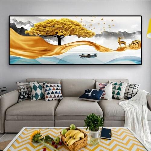 5D Diamond Painting Full Golden Abstract Landscape Art Golden Line Tree and Stone Diamond Embroidery Home Decoration Rhinestone