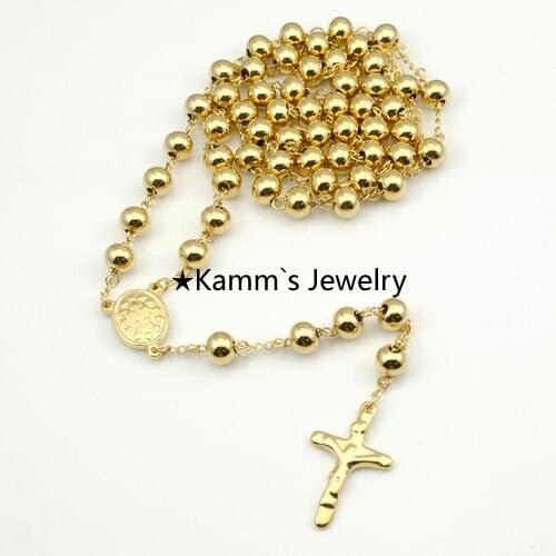 AMUMIU Gold Plating Rosary 8mm Beads 73cm chain Religious 316L Stainless Steel Necklace Womens Mens Fashion Jewelry KN080