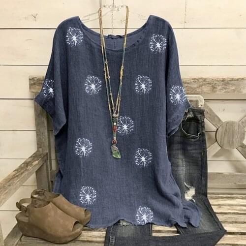 Woman Vintage Blouse Cotton-blend O-neck Short Sleeve Floral Print Top Blouse Harajuku Linen Loose Blouses And Shirt Femme New