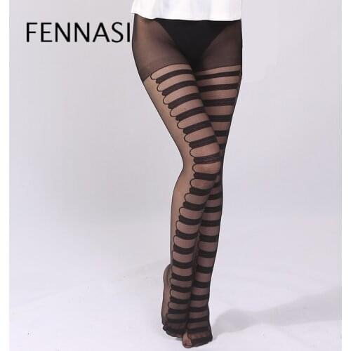 FENNASI Jacquard Striped Ring Womens Pantyhose Print with Ring Pattern Sexy Pantyhose Nylons Lady Female Erotic Black Tights