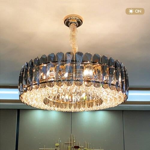 Living Room Luxury Gray K9 Crystal E14 Pendant Lights Modern Foyer Lustre Gold Metal Pendant Lamp Round Hanging Lamp Fixtures