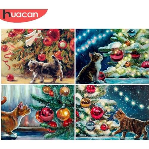 HUACAN Cat Diamond Painting Christmas Tree Diamond Embroidery Mosaic Snow Landscape Home Decoration Wall Art