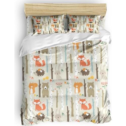 4 Pcs Duvet Cover Cartoon Forest Animal Tree Fox Bear Rabbit Child Bedding Set Luxury Comforter Bedding Sets