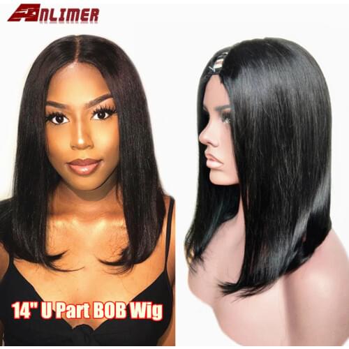 Short Bob U Part Human Hair Wigs Middle Part 1x4 U Opening Brazilian Straight Remy Human Hair U Part Wigs 130%-250% Density