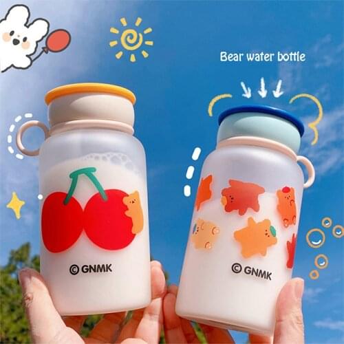 Cute Cherry Bear Frosted Glass Water Bottle With Tea Infuser Filter Creative Fashion Portable Student Mini Drinking Water Bottle