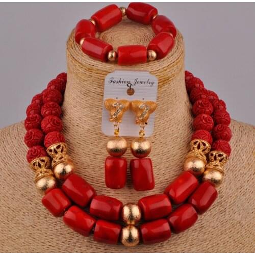 Fashion Red Natural Coral Bead Necklace African Ladies Wedding Jewelry Nigeria Wedding Wedding Dress Accessories Set AU-199