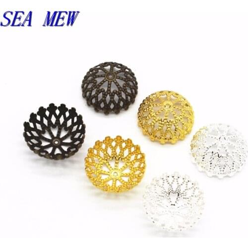 SEA MEW 100PCS 12mm 20mm Metal Copper Hollow Out Bead Caps 4 Colors Plated Filigree Flowers Tray Connectors For Jewelry Making