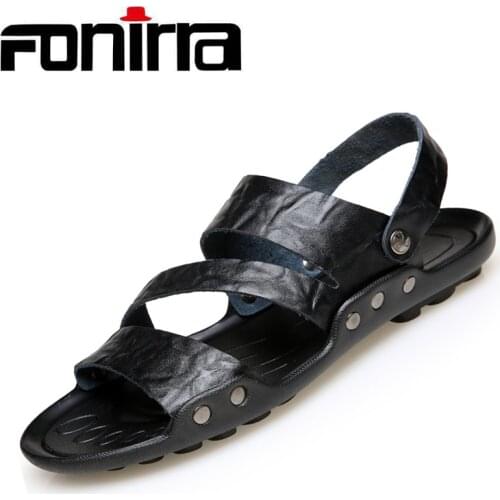 FONIRRA Men Beach Sandals Light Casual Soft Bottom Big Size 38-48 Mens Sandals Quality Leather Casual Shoes Male Flip Flops 518