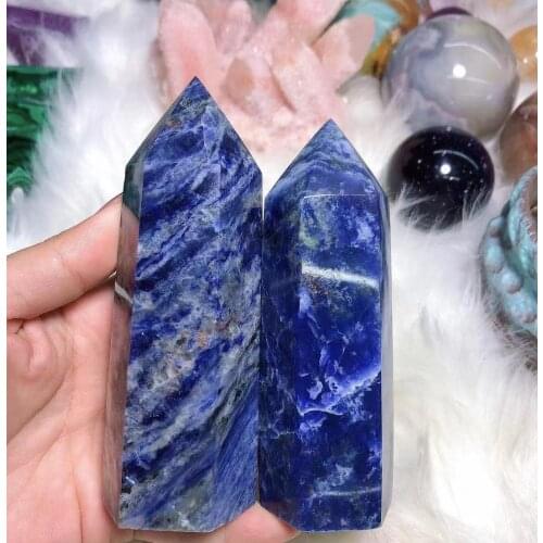 Natural Crystal Point Sodalite stone Healing Reiki Obelisk Polished Blue Quartz Wand Tower Ornament for Home Decoration Gift