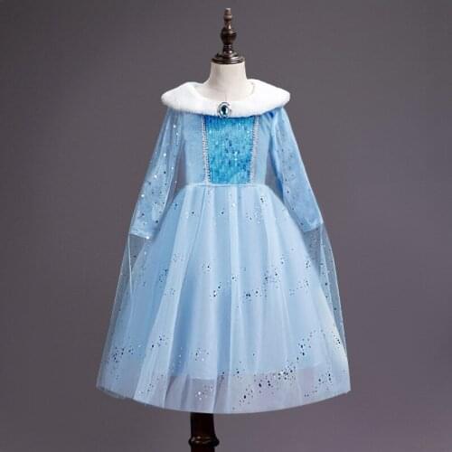 2020 New Blue Dress Girls Party Vestidos Cosplay Girl Clothing Snow Queen Print Birthday Princess Dress Kids Costume