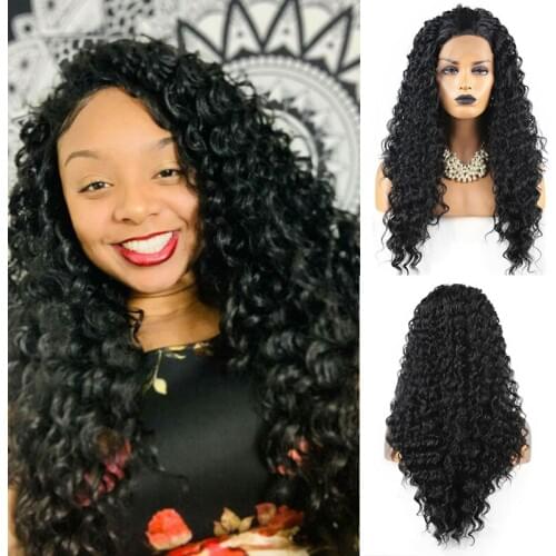 AIMEYA Black Deep Wave Curly Synthetic Lace Front Wig for Black Women with Free Part High Temperature Spiral Curls Lace Wigs