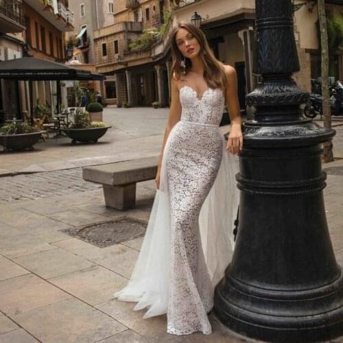 Sheer Spaghetti Straps V-neck Brown Lace Mermaid Wedding Dress with Detachable Tulle Skirt Open Back Bridal Dress