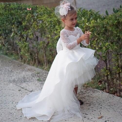 Layer Ball Gown First Communion Dresses Long Sleeves Lace Flower Girl Dresses Satin Bow Princess Dress robe de princesse fille