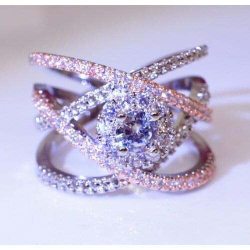 Exquisite Rose Gold Two Tone Round Cut Zircon Engagement Ring Overlapping Cross Crystal Ring Anniversary Jewelry Gift