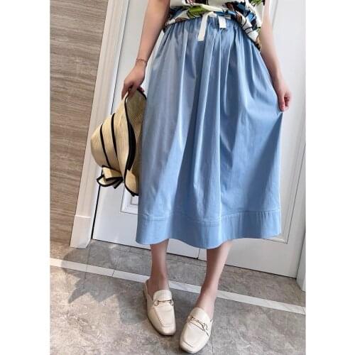 2021 Spring and Summer French Good Quality Waist Pleated Black Lace-up Skirt A-line Blue Woman Skirts with Pockets