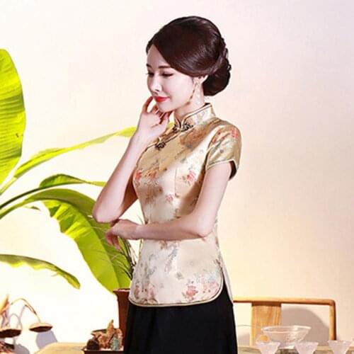 Lady Cheongsam Shirt Dragon Phoenix Printing Ethnic Comfy Stand Collar Dragon Phoenix Print Cheongsam Top