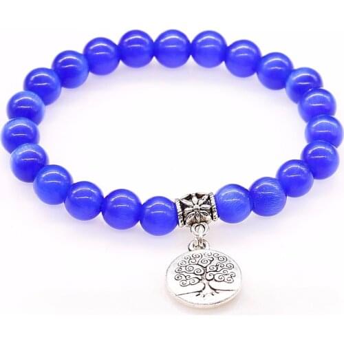 Womens Beaded Bracelets Dark Blue Opal Round Stone Beads Stretch Bracelet With Tree of Life Charms Men Jewelry