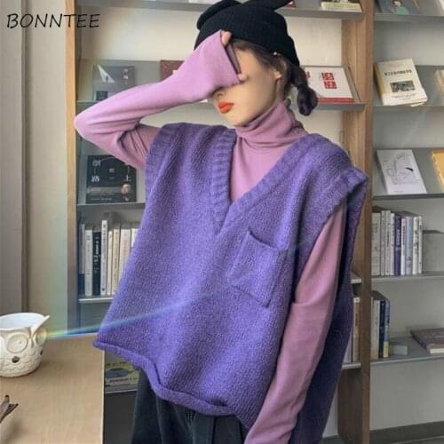 Women Sets Autumn Turtleneck Long Sleeve Solid T-shirts Knitted V-neck Pocket Loose Casual Sweaters Vest Vintage Korean Chic Ins