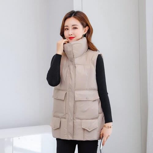 Stand Collar Women Winter Vest Cotton Padded Thick Ladies Casual Sleeveless Jackets Solid Pockets Autumn Waistcoat for Female