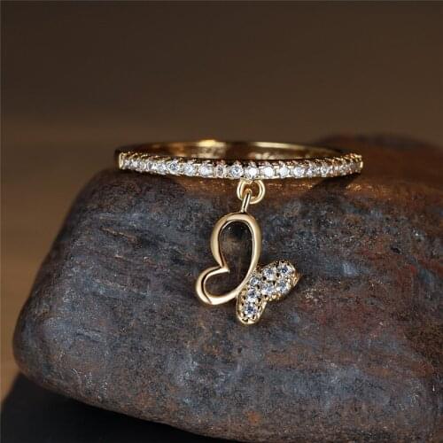 Charm Gold Silver Color Wedding Party Ring White Crystal Small Stone Ring Female Dainty Hollow Butterfly Pendant Rings For Women