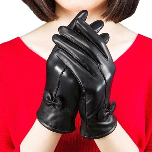 NDUCJSI Winter Guante Womens Leather Mittens Sheepskin Female Bow Cashmere Gloves Keep Warm Black Pink Glove Mittens For Woman