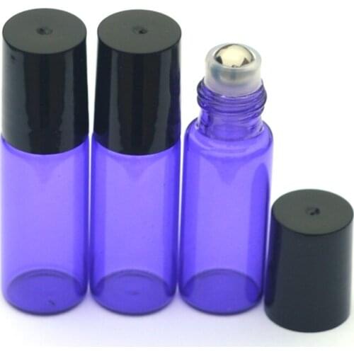 100pcs Hot 5ml Blue Perfume Glass Roll Bottles Aromatherapy Essential Oil Roller on Bottles with Metal Ball Black Plastic Cap