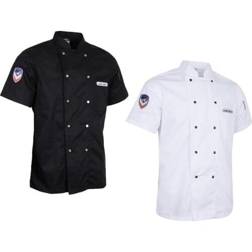 2 Pieces Short Sleeve Chef Coat Kitchen Uniform for Women and Men - White and Black