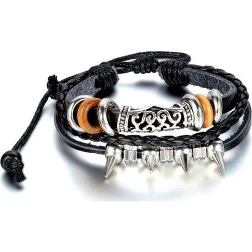 2020 Charm Bangle Punk Multilayer Europe Retro Patterns Spike Leather Braided Cuff Bracelet Men Male Bracelets & bangles