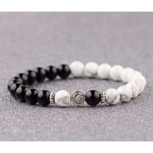 2020 Retro Round Silver Color Tai Chi Beads Black&White Stone Bracelets Men Yoga Vintage Balance Bracelet Pulseira Masculina