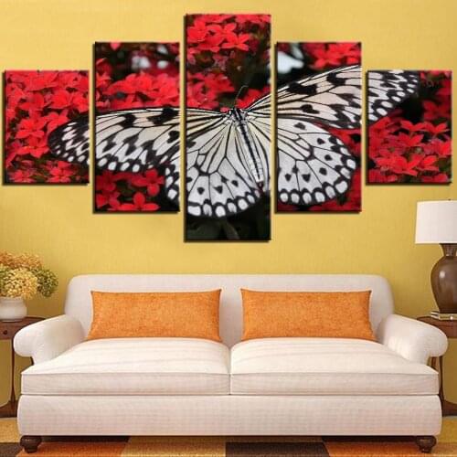 5 Pieces Butterflies Canvas Pictures Insect and Red Flowers Art Painting Posters For Home Improvement Decor Wallpaper Frame