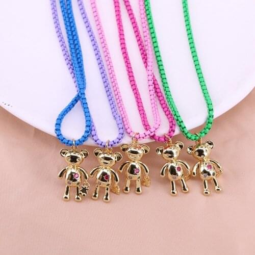 5PCS, Fashion CZ Pave Bear Pendant Necklace Women Men Charms Animal Enamel Box Chain Necklace Jewelry