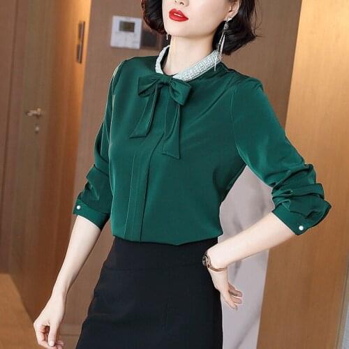 Spring Fall Fashion Womens Office Lady Pearls Beading Bow Collar Green Blouse Top Shirt , Autumn 2020 New Woman Blouses Tops