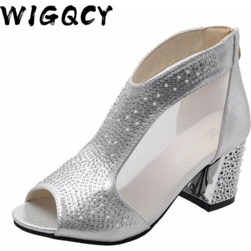 Rhinestone High heels Hollow Breathable sandals women Fashion Bling Peep Toe sandals Summer shoes woman Zipper Mesh Square heels
