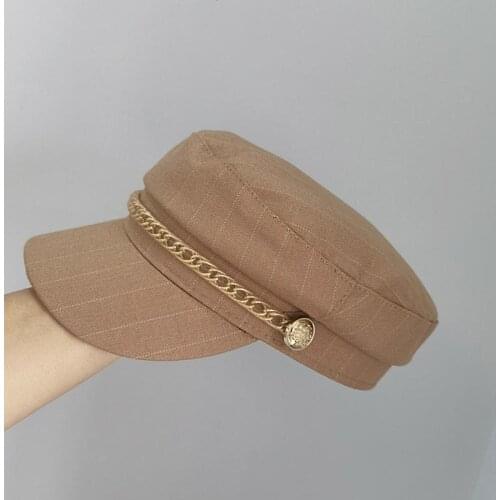Fashion Military Hats For Women Autumn Sailor Hat Black Stripe Flat Top Cap Female Travel Cadet Hat Retro Chain Beret Casual Cap