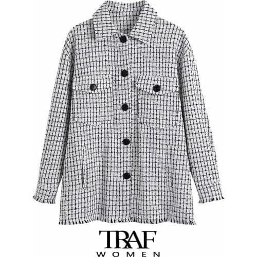 TRAF Za Women Fashion Patch Pockets Oversized Tweed Jacket Coat Vintage Long Sleeve Frayed Hem Female Outerwear Chic Tops