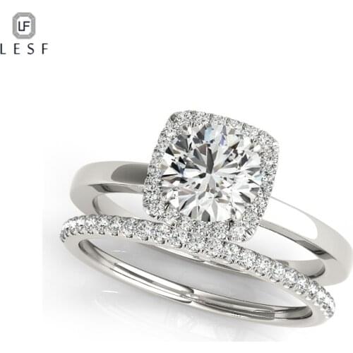 LESF 1 Ct 2 Pieces Halo Ring Engagement Rings Set Solid 925 Sterling Silver Fashion Wedding Band Jewelry For Women