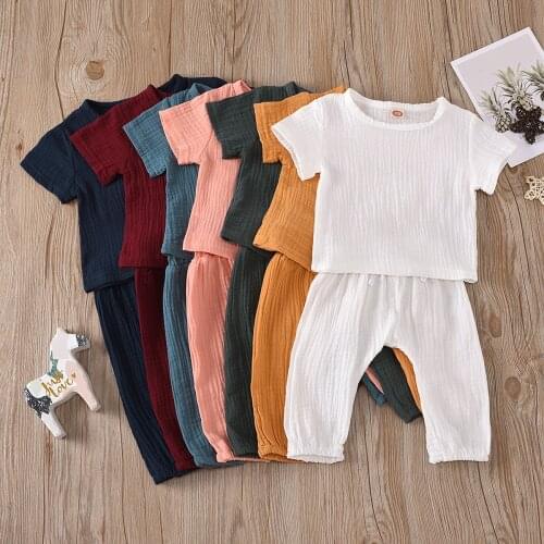 2021 Baby Summer Clothing Newborn Baby Boys Girls Short Sleeve T Shit + Pants Cotton Linen Kids Toddler Clothing Sets
