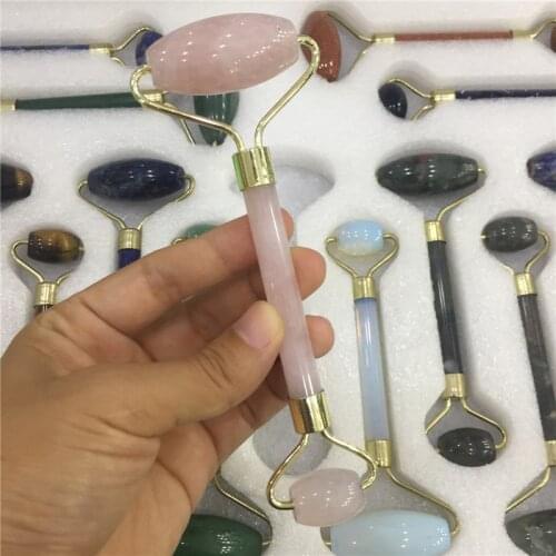 Natural pink rose quartz double head massage roller anti cellulite wrinkle facial body beauty health tool healing crystal