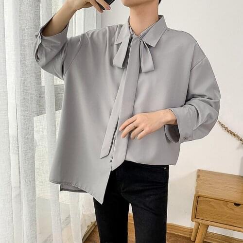 Mens Satin Silk Blend Shirts Loose Oversize Bows Shirt Long Sleeve Casual Tops White Gray C19