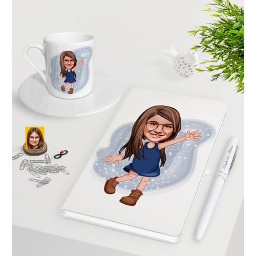 Personalized Female Child Caricature Of White Notebook Pen Turkish Coffee Cup set-4