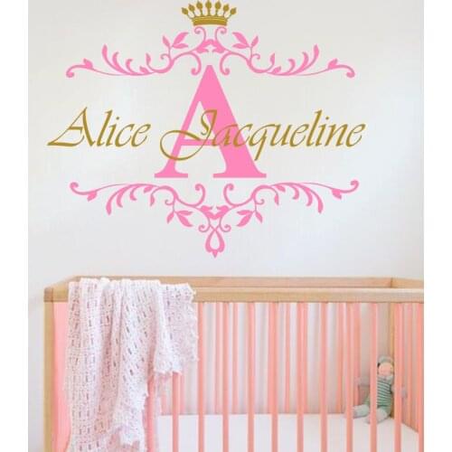 Personalized Name Initial Letter Wall Sticker Custom Girls Name Crown Baby Home Decor Nursery Children Room Vinyl Sticker W-62